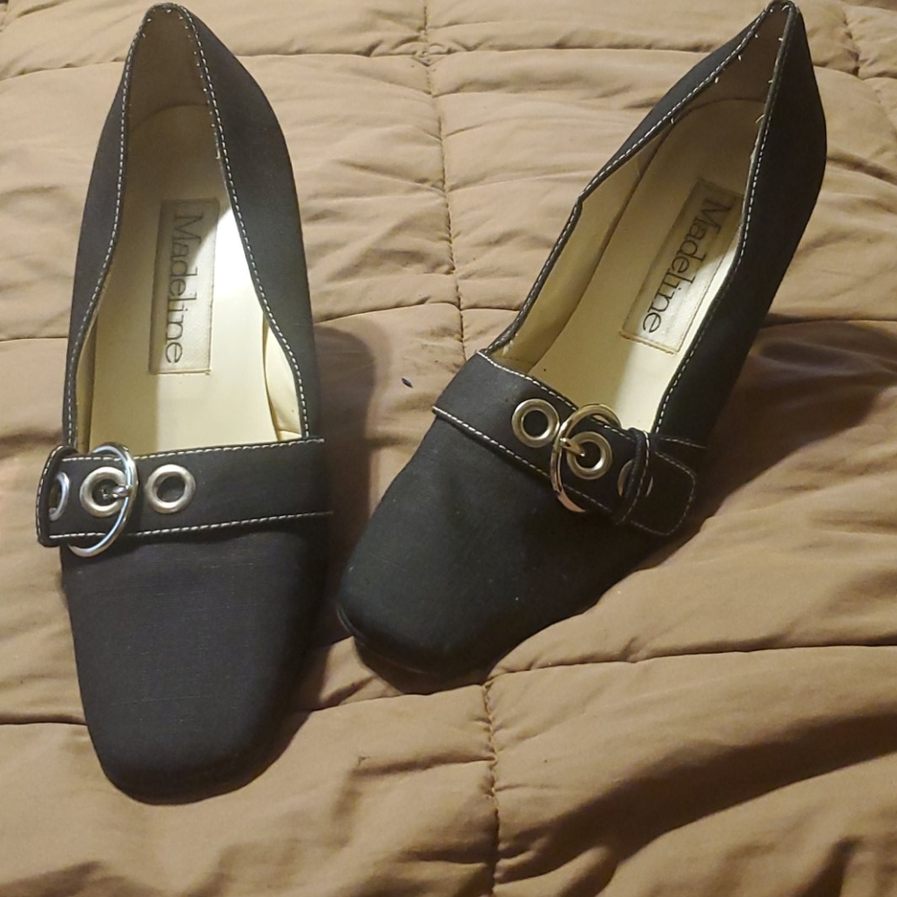 MADELINE BLACK CLOTH HEELS WITH ACCENT BUCKLES